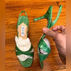 ISAAC Green Crocodile Embossed Leather Kitten Heels - Sz 8 NWOT